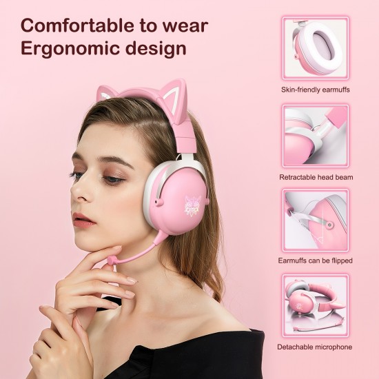 B20 Wireless Gaming Headset, Pink Cat Ears Panoramic Surround Sound Music Noise Cancelling Design Headphone