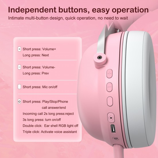 B20 Wireless Gaming Headset, Pink Cat Ears Panoramic Surround Sound Music Noise Cancelling Design Headphone